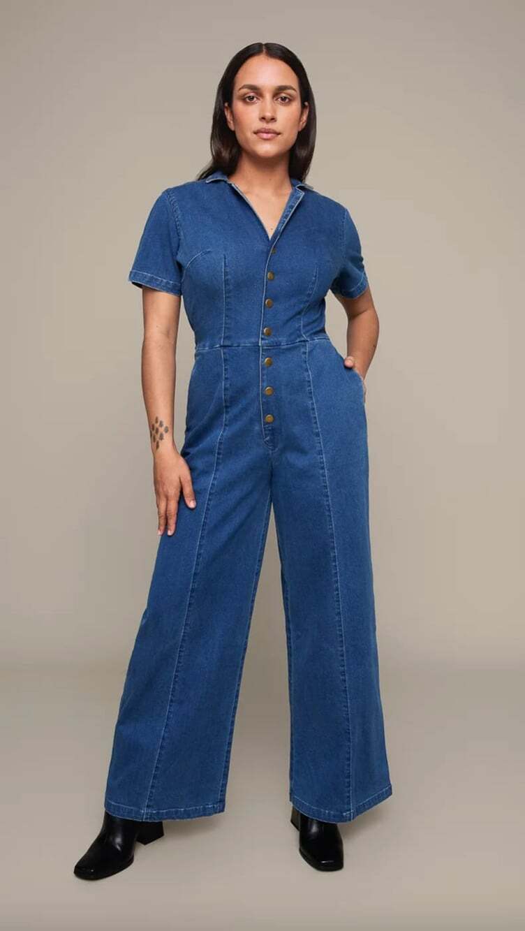 Mixed by Nasrin Denim Jumpsuit Size Small Wide Leg Short Sleeve